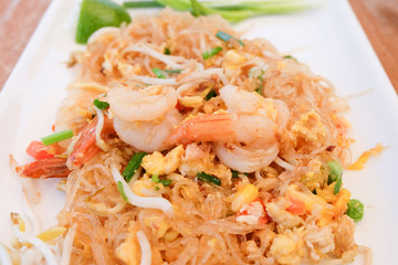 Padthai, stir-fried rice noodles with egg, vegetable and shrimp