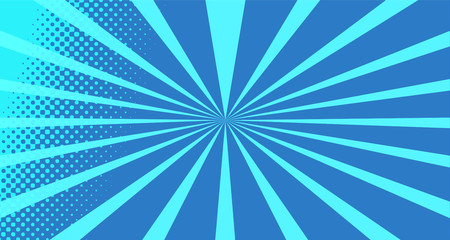 Vintage colorful comic book background. Blue blank bubbles of different shapes. Rays, radial, halftone, dotted effects. For sale banner for your designe 1960s. With copy space eps10.