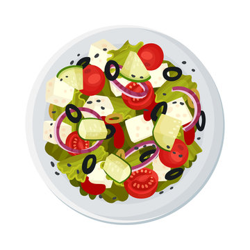 Greek Salad Served on Plate Top Viewed Vector Illustration