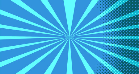 Vintage colorful comic book background. Blue blank bubbles of different shapes. Rays, radial, halftone, dotted effects. For sale banner for your designe 1960s. With copy space eps10.