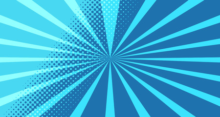 Vintage colorful comic book background. Blue blank bubbles of different shapes. Rays, radial, halftone, dotted effects. For sale banner for your designe 1960s. With copy space eps10.