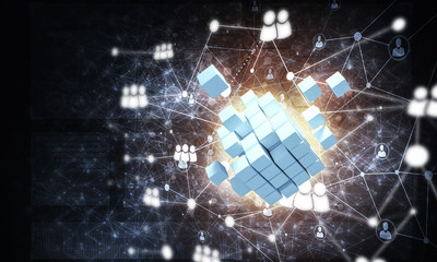 Concept of Internet and networking with digital cube figure on dark background