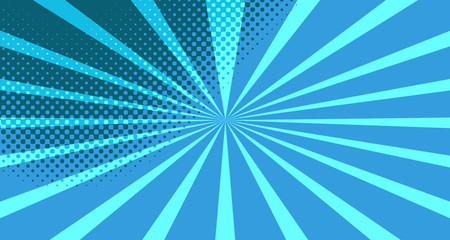 Vintage colorful comic book background. Blue blank bubbles of different shapes. Rays, radial, halftone, dotted effects. For sale banner for your designe 1960s. With copy space eps10.