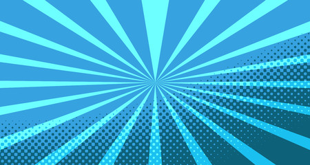 Vintage colorful comic book background. Blue blank bubbles of different shapes. Rays, radial, halftone, dotted effects. For sale banner for your designe 1960s. With copy space eps10.