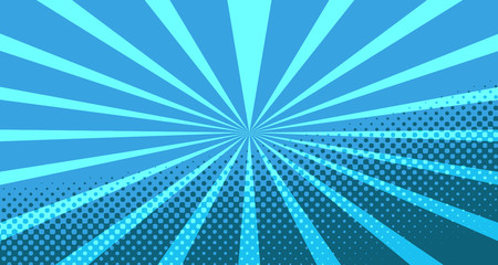 Vintage colorful comic book background. Blue blank bubbles of different shapes. Rays, radial, halftone, dotted effects. For sale banner for your designe 1960s. With copy space eps10.