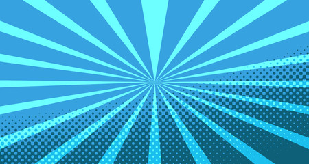 Vintage colorful comic book background. Blue blank bubbles of different shapes. Rays, radial, halftone, dotted effects. For sale banner for your designe 1960s. With copy space eps10.