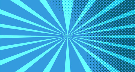 Vintage colorful comic book background. Blue blank bubbles of different shapes. Rays, radial, halftone, dotted effects. For sale banner for your designe 1960s. With copy space eps10.