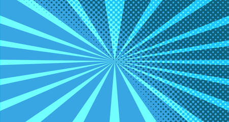 Vintage colorful comic book background. Blue blank bubbles of different shapes. Rays, radial, halftone, dotted effects. For sale banner for your designe 1960s. With copy space eps10.