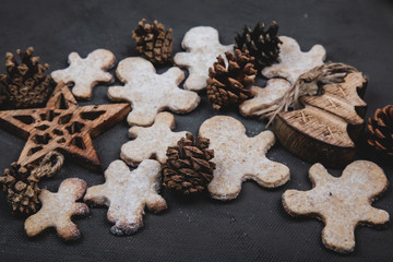 Christmas gingerbread cookies and wooden Christmas tree toys