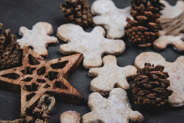 Christmas gingerbread cookies and wooden Christmas tree toys