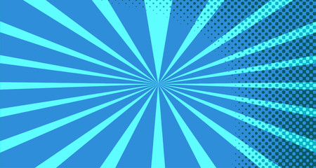 Vintage colorful comic book background. Blue blank bubbles of different shapes. Rays, radial, halftone, dotted effects. For sale banner for your designe 1960s. With copy space eps10.