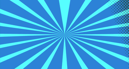 Vintage colorful comic book background. Blue blank bubbles of different shapes. Rays, radial, halftone, dotted effects. For sale banner for your designe 1960s. With copy space eps10.