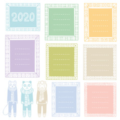 Panda, sheep, ferret and set of hand-drawn frames for bullet journal, notebook, diary and planner. Collection of cute doodle vector borders isolated on white background. 