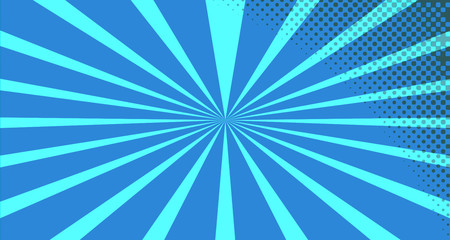 Vintage colorful comic book background. Blue blank bubbles of different shapes. Rays, radial, halftone, dotted effects. For sale banner for your designe 1960s. With copy space eps10.