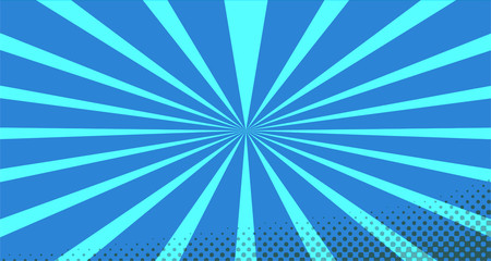 Vintage colorful comic book background. Blue blank bubbles of different shapes. Rays, radial, halftone, dotted effects. For sale banner for your designe 1960s. With copy space eps10.