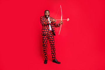 Full body photo of funny dark skin man with bow and love arrow amour cupid role see good couple...