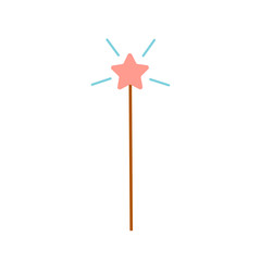 Simple vector icon of magic wand with star on its tip and shiny lines around. Flat magic wand illustration, isolated on white background. Magician equipment from fairy tails, illustration of wand for