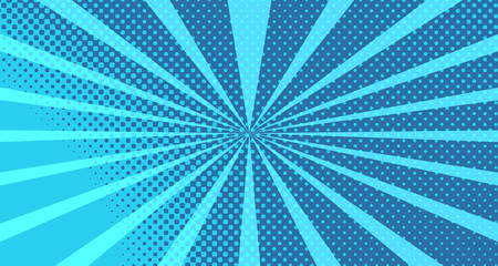 Vintage colorful comic book background. Blue blank bubbles of different shapes. Rays, radial, halftone, dotted effects. For sale banner for your designe 1960s. With copy space eps10.