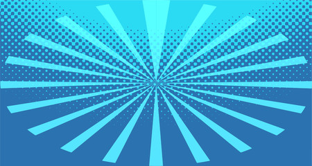 Vintage colorful comic book background. Blue blank bubbles of different shapes. Rays, radial, halftone, dotted effects. For sale banner for your designe 1960s. With copy space eps10.