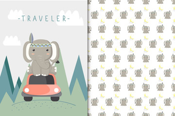 Cute elephant illustration and seamless pattern in the white backdrop