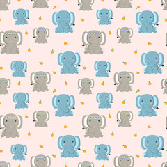 Seamless Pattern with cute elephants in the pink backdrop