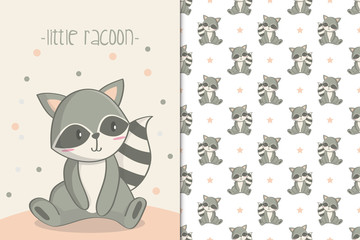 Cute raccoon illustration and seamless pattern in the white backdrop