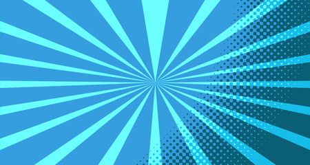 Vintage colorful comic book background. Blue blank bubbles of different shapes. Rays, radial, halftone, dotted effects. For sale banner for your designe 1960s. With copy space eps10.