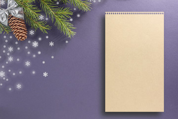 Lilac background for a letter to Santa Claus. Background for a Christmas card. Decorated with fir cones, fir branches, snowflakes, Christmas toys.