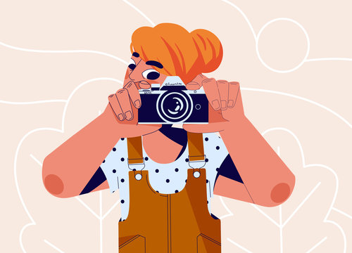 Photography concept. Happy photographer is taking a photo using her camera. Vector illustration in modern style for web or print.