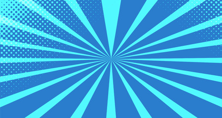 Vintage colorful comic book background. Blue blank bubbles of different shapes. Rays, radial, halftone, dotted effects. For sale banner for your designe 1960s. With copy space eps10.