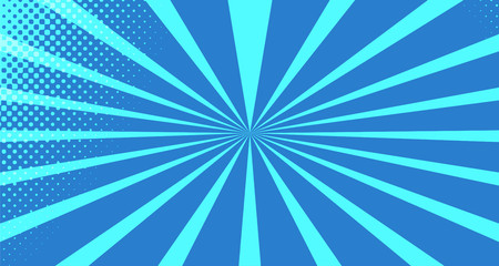 Vintage colorful comic book background. Blue blank bubbles of different shapes. Rays, radial, halftone, dotted effects. For sale banner for your designe 1960s. With copy space eps10.