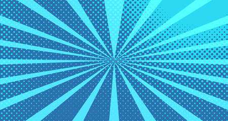 Vintage colorful comic book background. Blue blank bubbles of different shapes. Rays, radial, halftone, dotted effects. For sale banner for your designe 1960s. With copy space eps10.