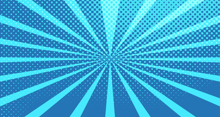 Vintage colorful comic book background. Blue blank bubbles of different shapes. Rays, radial, halftone, dotted effects. For sale banner for your designe 1960s. With copy space eps10.