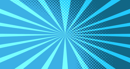 Vintage colorful comic book background. Blue blank bubbles of different shapes. Rays, radial, halftone, dotted effects. For sale banner for your designe 1960s. With copy space eps10.