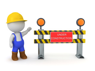 3D Worker and under construction sign