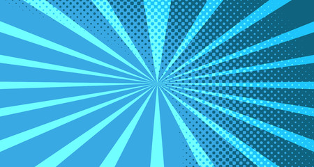 Vintage colorful comic book background. Blue blank bubbles of different shapes. Rays, radial, halftone, dotted effects. For sale banner for your designe 1960s. With copy space eps10.
