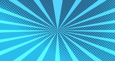 Vintage colorful comic book background. Blue blank bubbles of different shapes. Rays, radial, halftone, dotted effects. For sale banner for your designe 1960s. With copy space eps10.