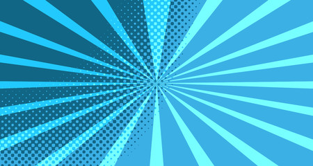 Vintage colorful comic book background. Blue blank bubbles of different shapes. Rays, radial, halftone, dotted effects. For sale banner for your designe 1960s. With copy space eps10.