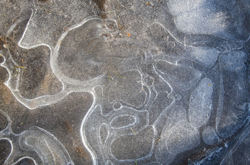 Frozen water in a natural puddle formed with frozen air bubbles in a transparent mass of ice abstract patterns, close-up, copy space.