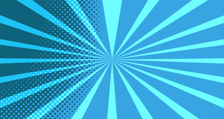 Vintage colorful comic book background. Blue blank bubbles of different shapes. Rays, radial, halftone, dotted effects. For sale banner for your designe 1960s. With copy space eps10.