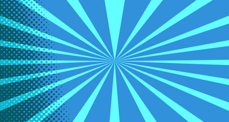 Vintage colorful comic book background. Blue blank bubbles of different shapes. Rays, radial, halftone, dotted effects. For sale banner for your designe 1960s. With copy space eps10.