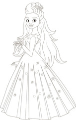 Illustration of beautiful princess with butterfly. Colouring page. Outline illustration