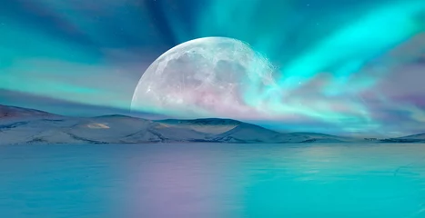 Fotobehang Noorderlicht (Aurora borealis) aan de hemel met super volle maan - Tromso, Noorwegen &quot Elementen van dit beeld geleverd door NASA&quot  © muratart
