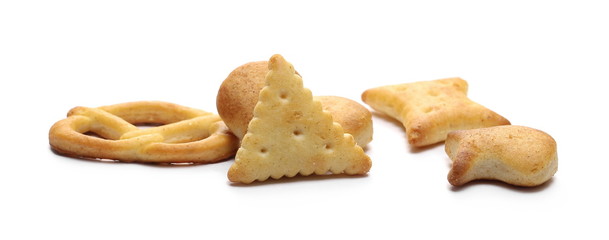 Salty cracker and pretzel snacks, party mix isolated on white background