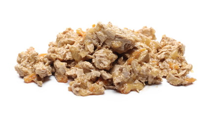 Cat food pile, isolated on white background