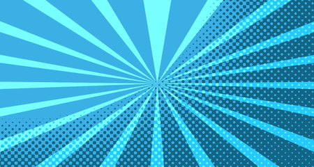 Vintage colorful comic book background. Blue blank bubbles of different shapes. Rays, radial, halftone, dotted effects. For sale banner for your designe 1960s. With copy space eps10.