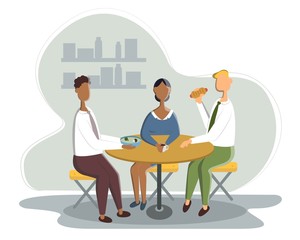 Business Lunch - vector illustration of office situation. Cartoon people characters of young female, male colleagues, partners having rest, talking. Scene with three employees.