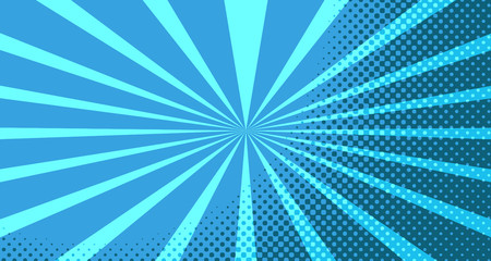 Vintage colorful comic book background. Blue blank bubbles of different shapes. Rays, radial, halftone, dotted effects. For sale banner for your designe 1960s. With copy space eps10.