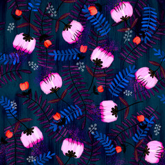 Bright pink and blue modern gouache floral seamless repeat raster pattern swatch