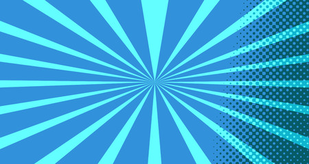 Vintage colorful comic book background. Blue blank bubbles of different shapes. Rays, radial, halftone, dotted effects. For sale banner for your designe 1960s. With copy space eps10.